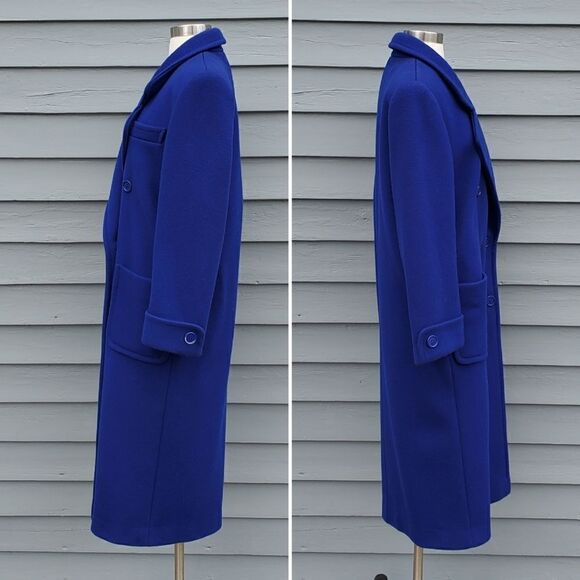 Vintage 80s Preppy Acadamia Royal Blue Virgin Wool Double Breasted Trench Coat 8 - Picture 2 of 6